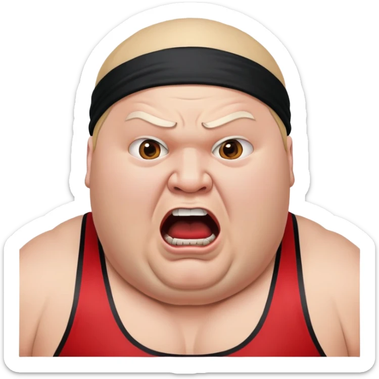 Extreme close-up of face of morbidly obese white skin guy with young face, prominent BLACK DURAG tied clearly on head, black beard but no mustache, clean shaven upper lip, black eyes in a red and black wrestling singlet with mouth wide open screaming angrily sticker