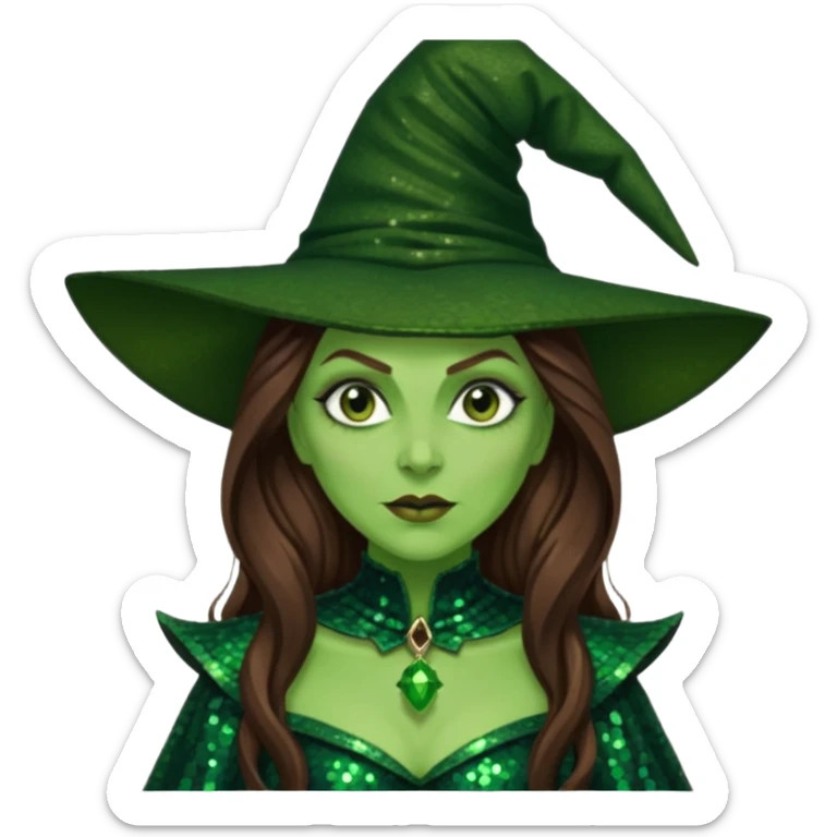Wicked Witch of the West from the Wizard of Oz with long brown hair, dark green sequin outfit, green skin sticker