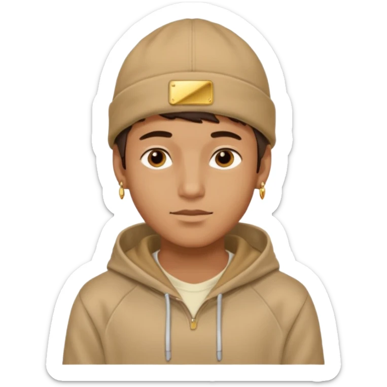 {
  "type": "human",
  "look": "male, tan hoodie, brown cap, gold jewelry, calm face, front view",
  "description": "a young man wearing a hoodie and cap, looking relaxed and confident"
} sticker