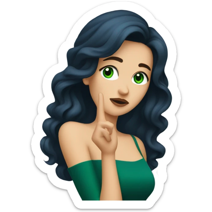 a brunette with long hair and green eyes and in a dark blue dress sends an air kiss sticker