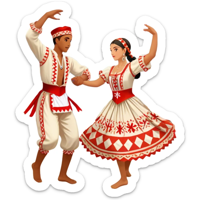 Cinematic Realistic scene of two performers engaging in the Croatian Linđo folk dance, adorned in vibrant traditional costumes with intricate patterns and accessories, captured in graceful, synchronized motion under festive natural lighting. sticker