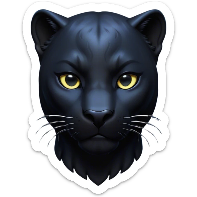 Cinematic Noble black Panther Portrait Emoji, Poised and regal, with a sleek, muscular build draped in glossy, midnight-black fur and piercing, luminescent eyes, Simplified yet sharp and sophisticated features, highly detailed, glowing with a soft, mysterious glow, high shine, intelligent and enigmatic, stylized with an air of stealthy authority, focused and commanding, soft glowing outline, capturing the essence of a watchful and confident jungle guardian that appears ready to prowl out of the screen with effortless authority! sticker