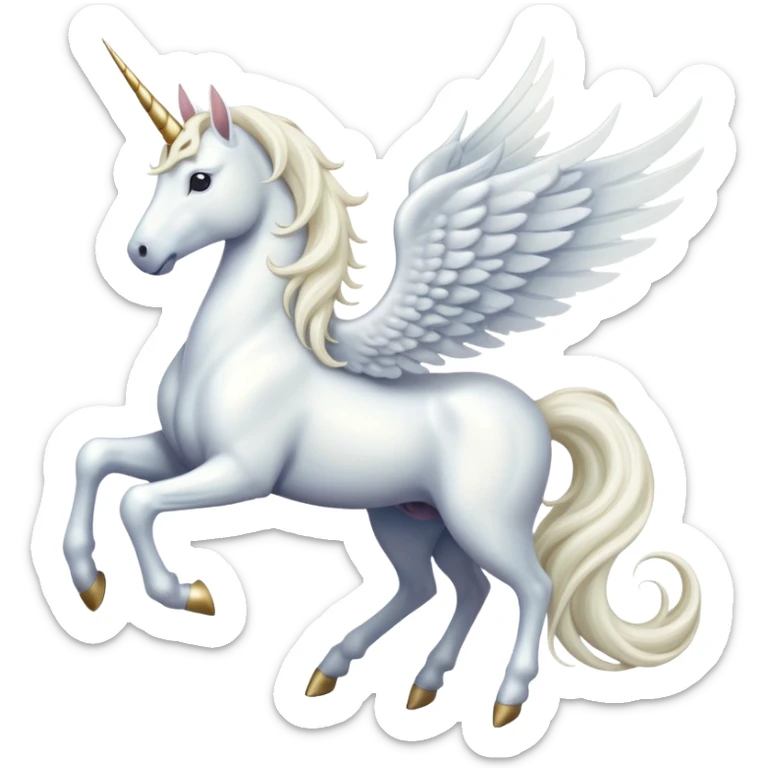 All white Cinematic Noble Unicorn with wings, slender with a flowing mane and tail and spiraled horn sticker