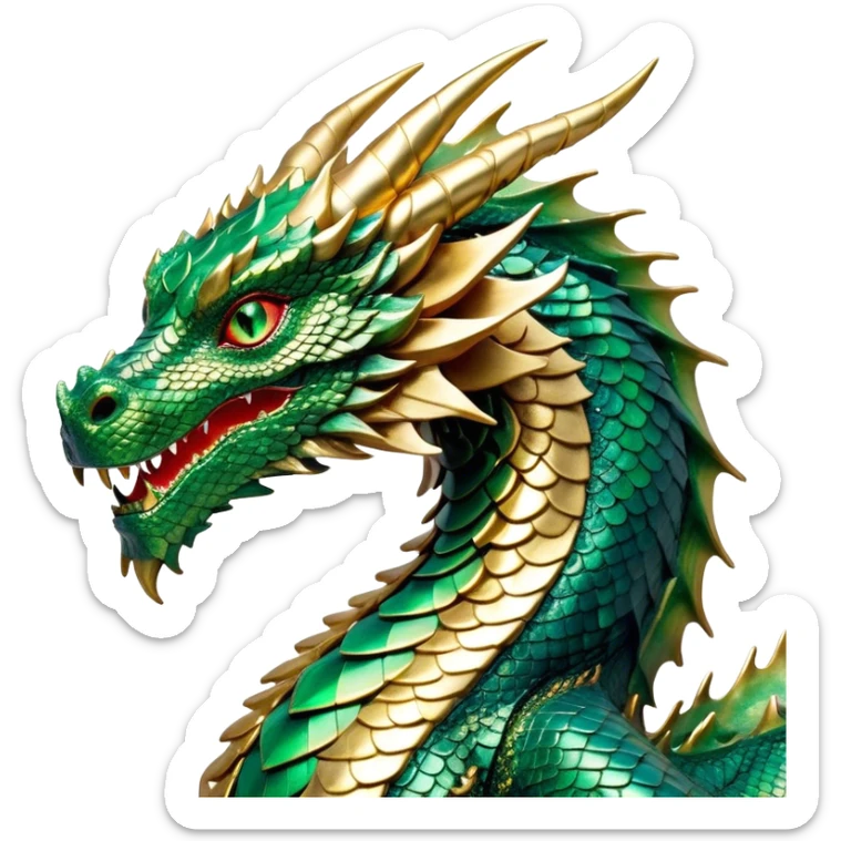 Cinematic Noble Dragon Portrait Emoji, Poised and majestic, with a sinuous, elongated body covered in intricately detailed, shimmering scales in hues of emerald and gold, and piercing, fiery eyes that reflect ancient wisdom; rendered with lifelike texture and natural highlights, high shine, intelligent and formidable, styled with an aura of mythic power, focused and attentive, soft glowing outline, capturing the essence of a legendary dragon that appears ready to soar out of the screen with timeless authority! sticker