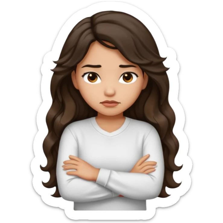 Hispanic light tan girl with long dark wavy hair with arms folded and slightly pouting sticker
