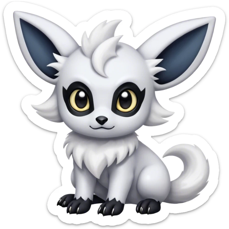 Absol-Umbreon, black ears, no Scapha, black long scaly tail, big eyes, black eyes, white fur, black claws, cute, adorable sticker
