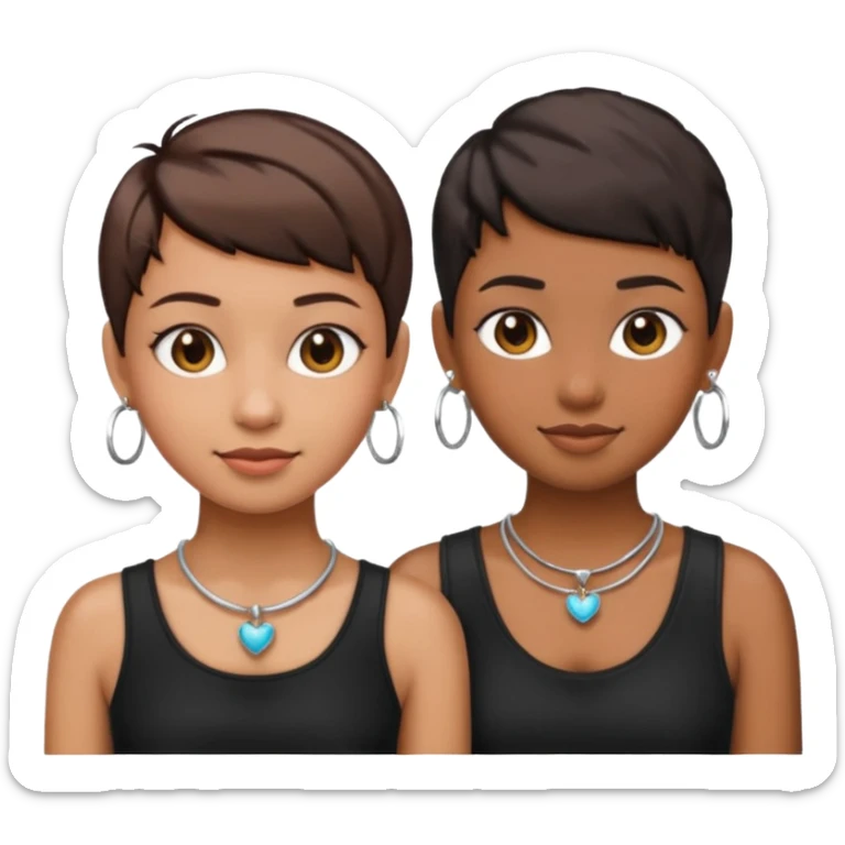Do two best friend emojis one brown skin one fair skin with pixie cuts with hoop earrings and necklace wearing black sticker