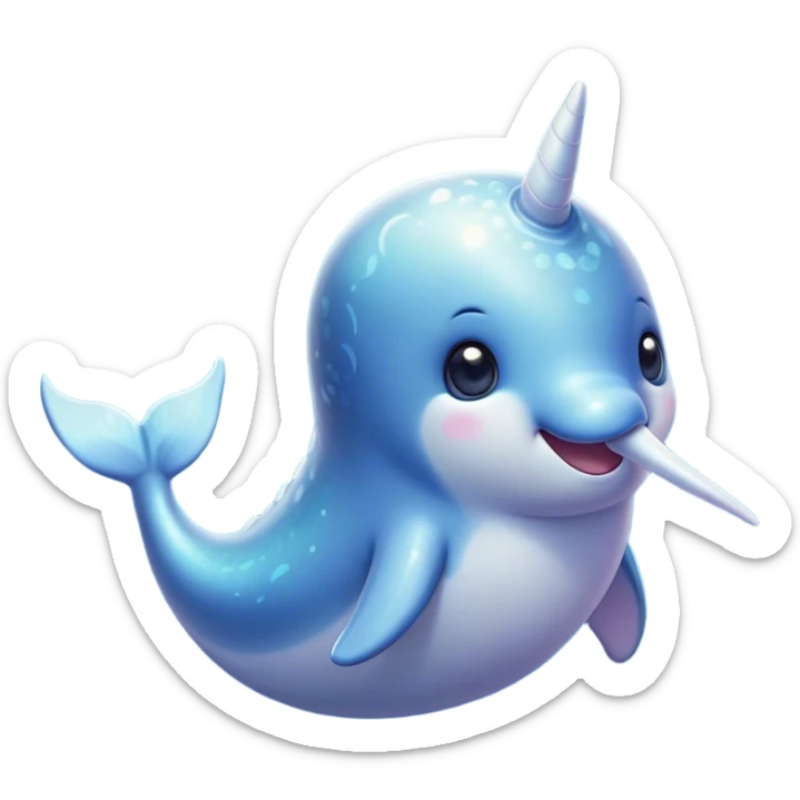 Cinematic Cute Cute Narwhal Portrait Emoji, Head tilted playfully and inquisitively, featuring a charming, sleek body with softly iridescent skin, a prominently spiraled tusk and large, twinkling eyes full of gentle wonder, Simplified yet irresistibly adorable features, highly detailed, glowing with a warm, inviting ocean glow, high shine, affectionate and lively, stylized with a touch of magical sea whimsy, soft glowing outline, capturing the essence of a mischievous yet endearing cute narwhal that seems as if it could frolic out of the screen into your heart! sticker