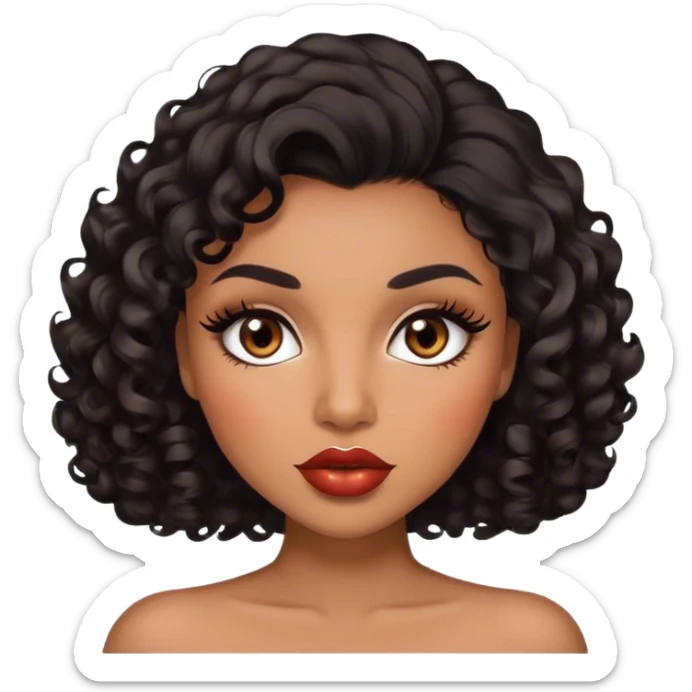 Glamourous, brown skin tone, very beautiful woman, with big plump lips, long long lashes, black curly smooth short hair, brown eyes sticker