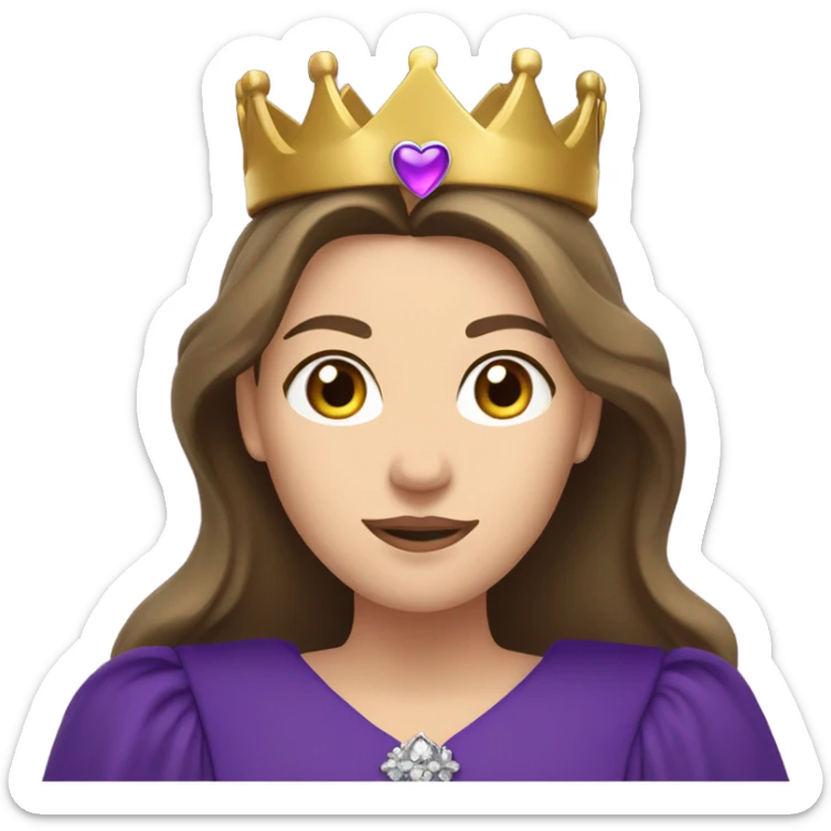 Caucasian long  brunette woman wearing formal royal purple robes and a crown with hearts floating in the air around her head sticker