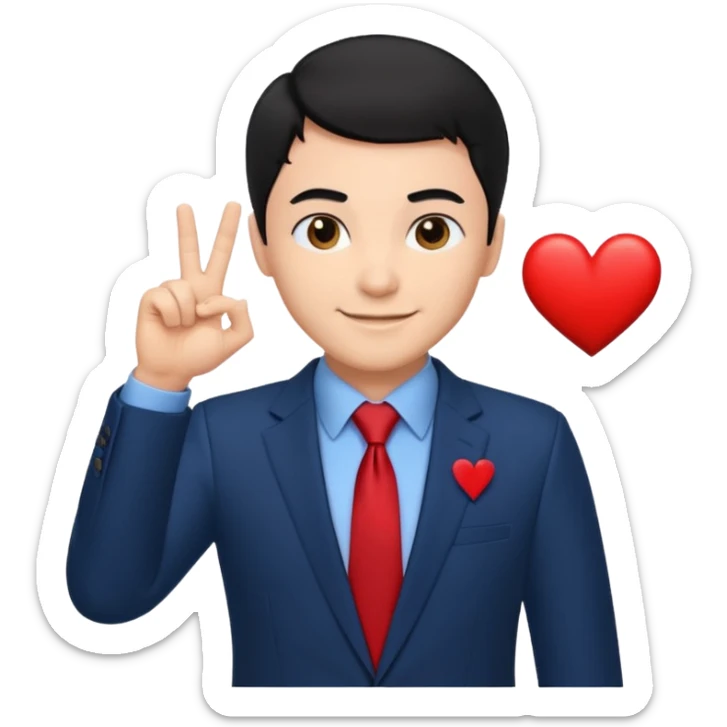 A man in very black short hair with all back hair style, wearing dark blue suit and red tie, making a heart finger sticker