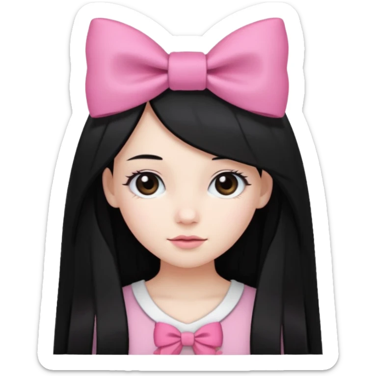 A girl with long, straight black hair, white skin, and a pink bow on the left side of her head sticker