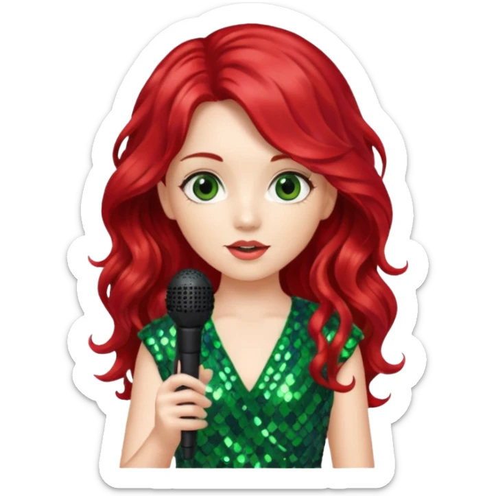 girl in green blink dress, red long wavy hair, holding a mic



















 sticker