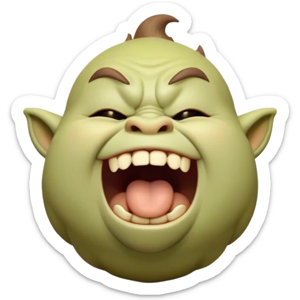 Cinematic Cute Yawning Ogre Portrait Emoji, with a surprisingly cuddly, rotund figure in soft earthy greens and browns, head tilted back in a big, gentle yawn exposing a set of comically oversized teeth, simplified yet irresistibly adorable, highly detailed with a soft glowing outline that captures the sleepy charm of a friendly ogre after a long day of gentle mischief! sticker