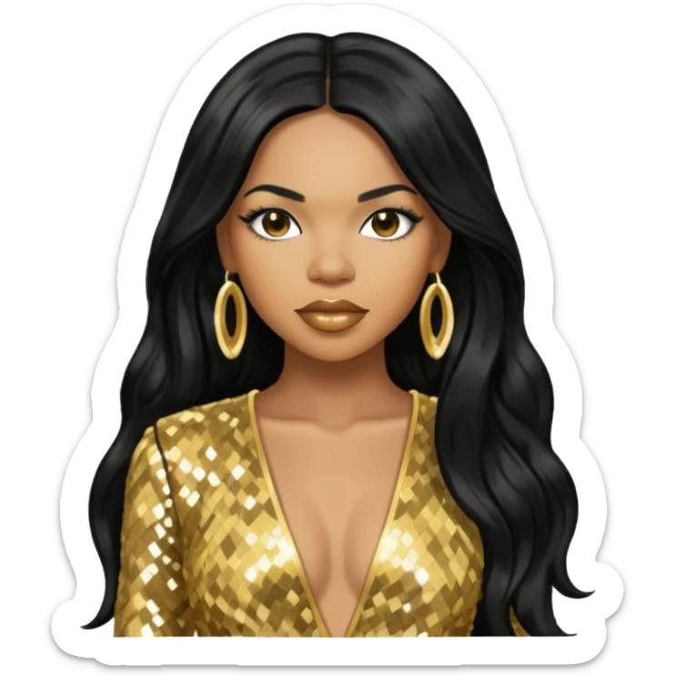 Tenitra Michelle Williams, R&B Singer from Destiny's Child with long black hair, gold sequin outfit, medium dark skin sticker