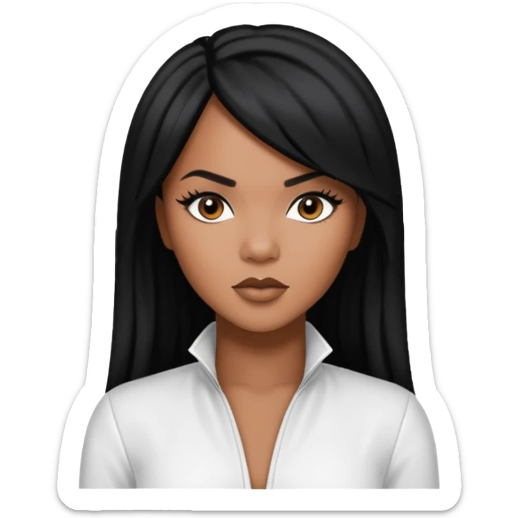 LeToya Luckett from Destiny's Child with long jet black hair, white outfit sticker