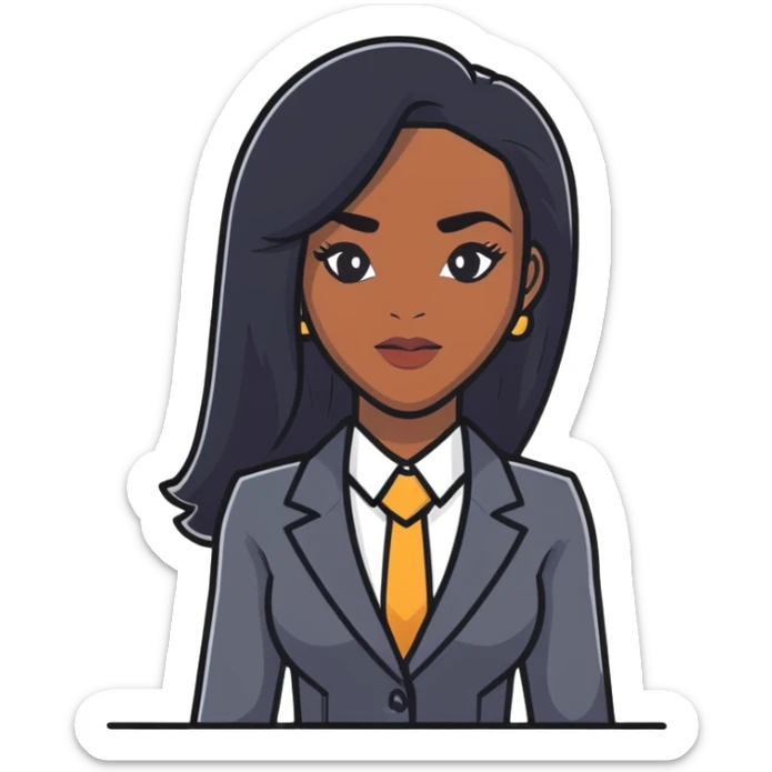 Dynamic African career woman with sleek long black hair, modern business outfit, competent and assertive expression sticker