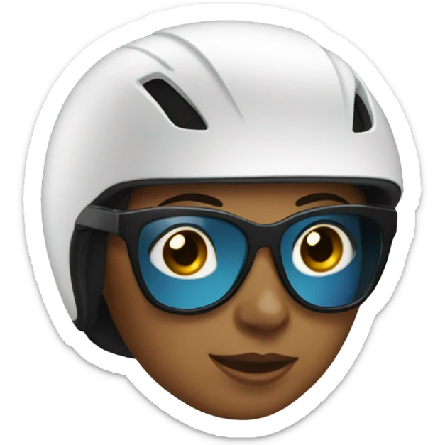 A woman wearing a race bike helmet and race glasses. sticker