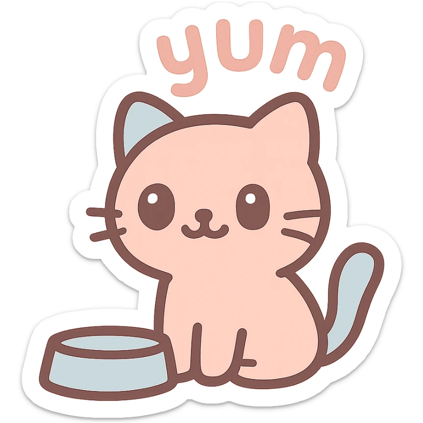 Chinese kitten with a food bowl, 'yum' above its head, cheerful and colorful sticker