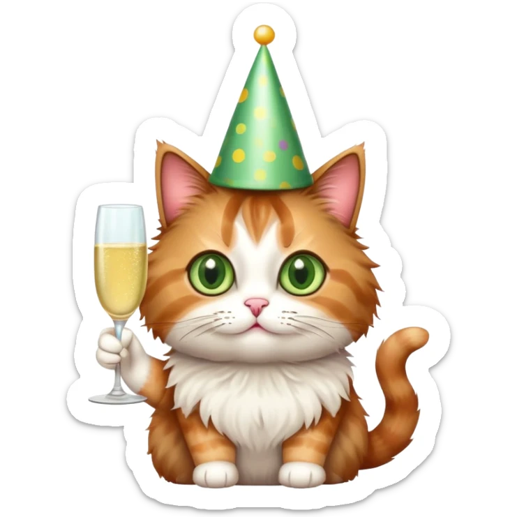 tricolor fluffy cat with big green eyes celebrating her birthday with a cake and champagne sticker