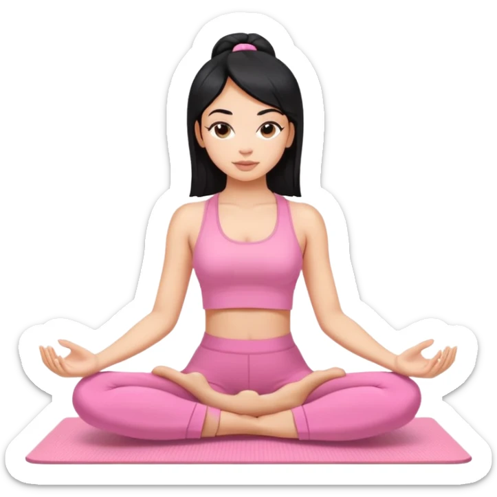 Light skin, black hair yoga beautiful girl in light pink clothes sitting on a yoga mat sticker