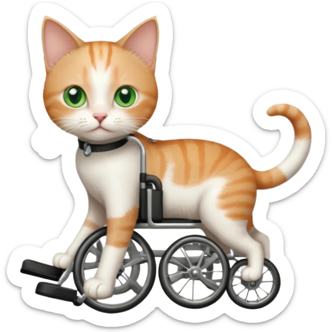 full body small short hair ginger and white cat with green eyes walking in a wheelchair for cats sticker