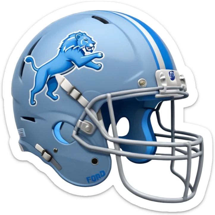 Ford car emoji in blue and silver, Detroit Lions flag on the roof, football helmet details, fun and spirited sticker