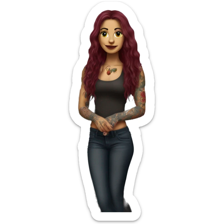 Beautiful tattooed burgundy long haired woman standing next to a car sticker