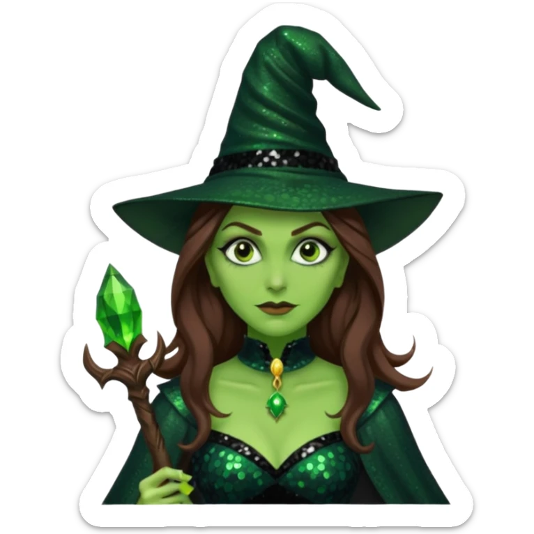 The Wicked Witch from Oz with long brown hair, green skin, black sequin outfit sticker