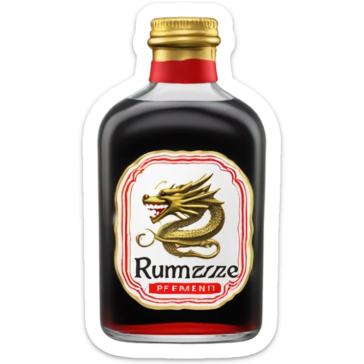 clear bottle of rumpleminze peppermint alcohol with a black and red label that has a gold dragon on it sticker