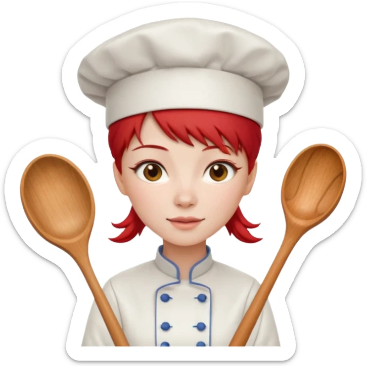 A woman with red Chinese hair and a chef's outfit, chef's hat and a wooden spoon sticker