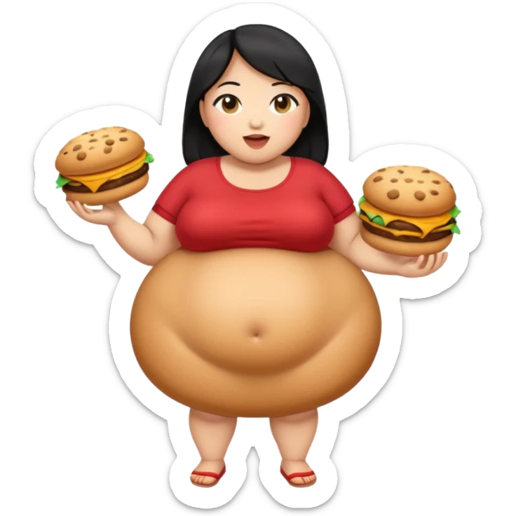 create a humongous asian girl with black hair, with 2 burgers and a cookie in her mouth, she is super obese, please make her a full body emoji, mega huge tummy   sticker