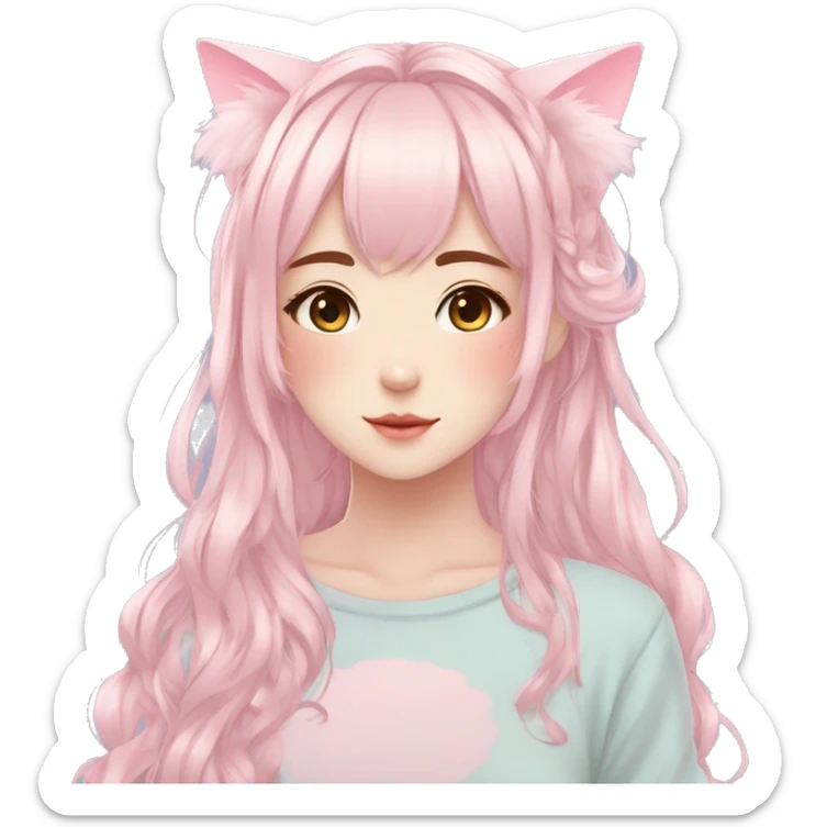 Gorgeous pastel anime girl with blushing face and hair garnitures and pretty hair and cat ears aesthetic trending style sticker