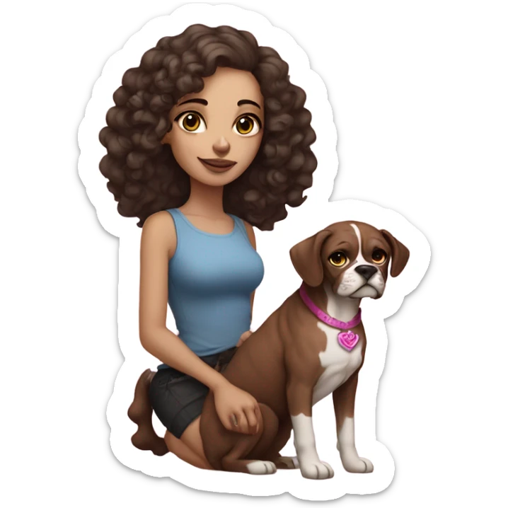 Beautiful tattooed curly dark brown haired woman holding a boxer dog and pink sphinx with blue eyes sticker