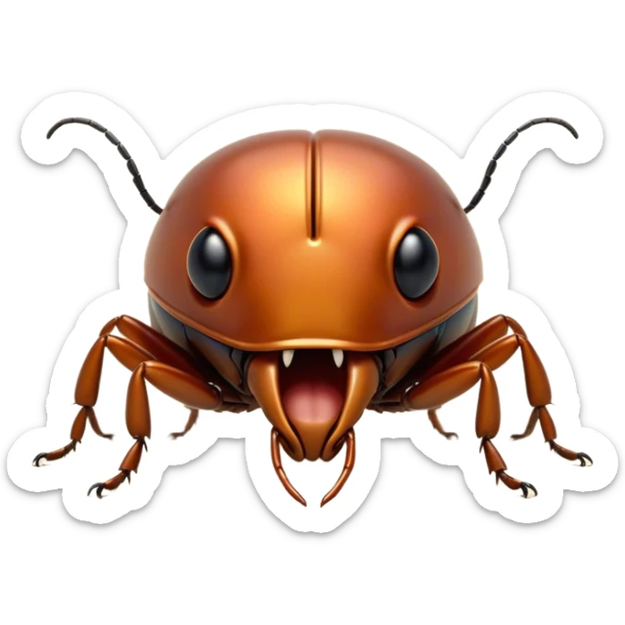 Cinematic Adorable Yawning Beetle Portrait Emoji, Head tilted slightly with a dramatic, wide-open yawn, showcasing a small, intricately armored form with softly drooping elytra and sleepy, half-closed eyes, Simplified yet irresistibly cute features, highly detailed, glowing with a soft, cozy metallic glow, high shine, relaxed yet expressive, stylized with a dash of whimsical natural charm, soft glowing outline, capturing the essence of a drowsy beetle that appears ready to stretch and yawn its way out of the screen! sticker