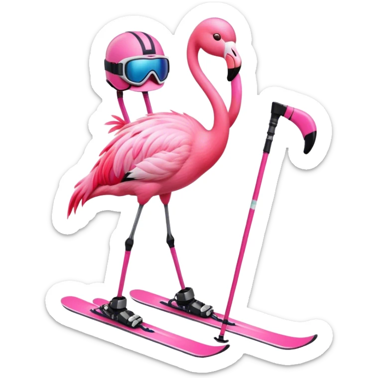 A Skiing Flamingo with ski helmet on the head , wearing ski goggles , ski and ski boots. With one head and two legs sticker