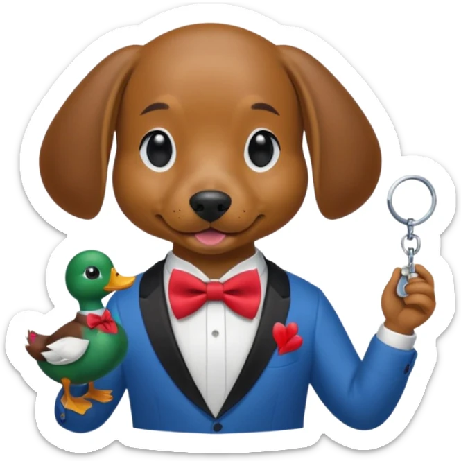 A dog holding keys in one hand and a duck in the other, all with a half-red, half-blue bow tie. sticker