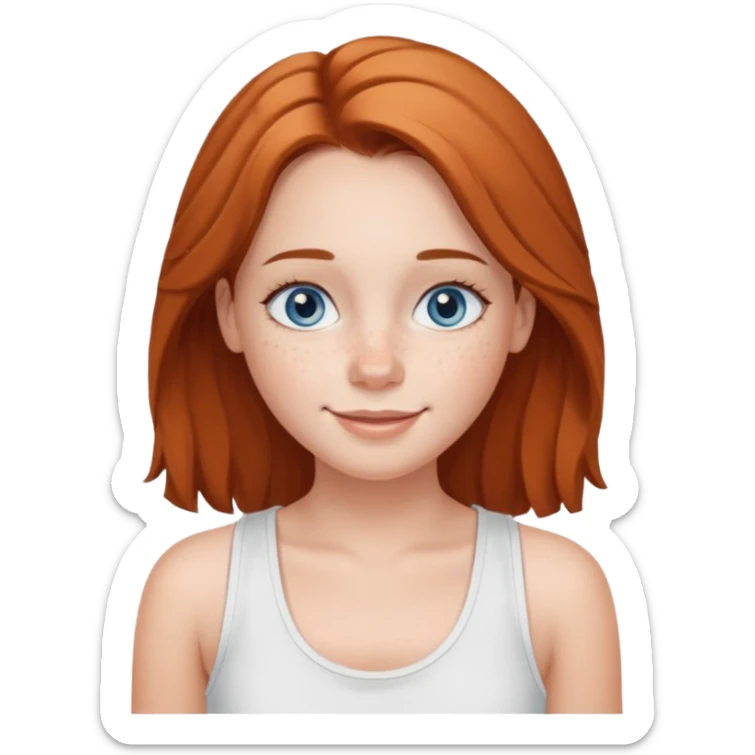 Una chica de tez blanca con pecas, nariz respingada, labios gruesos, ojos grandes color azul grisáceo, pelo largo, lacio, color avellana. Con una blusa de tirantes blanca. Que este sonriendo y q solo se vea de la cintura hacía arriba sticker