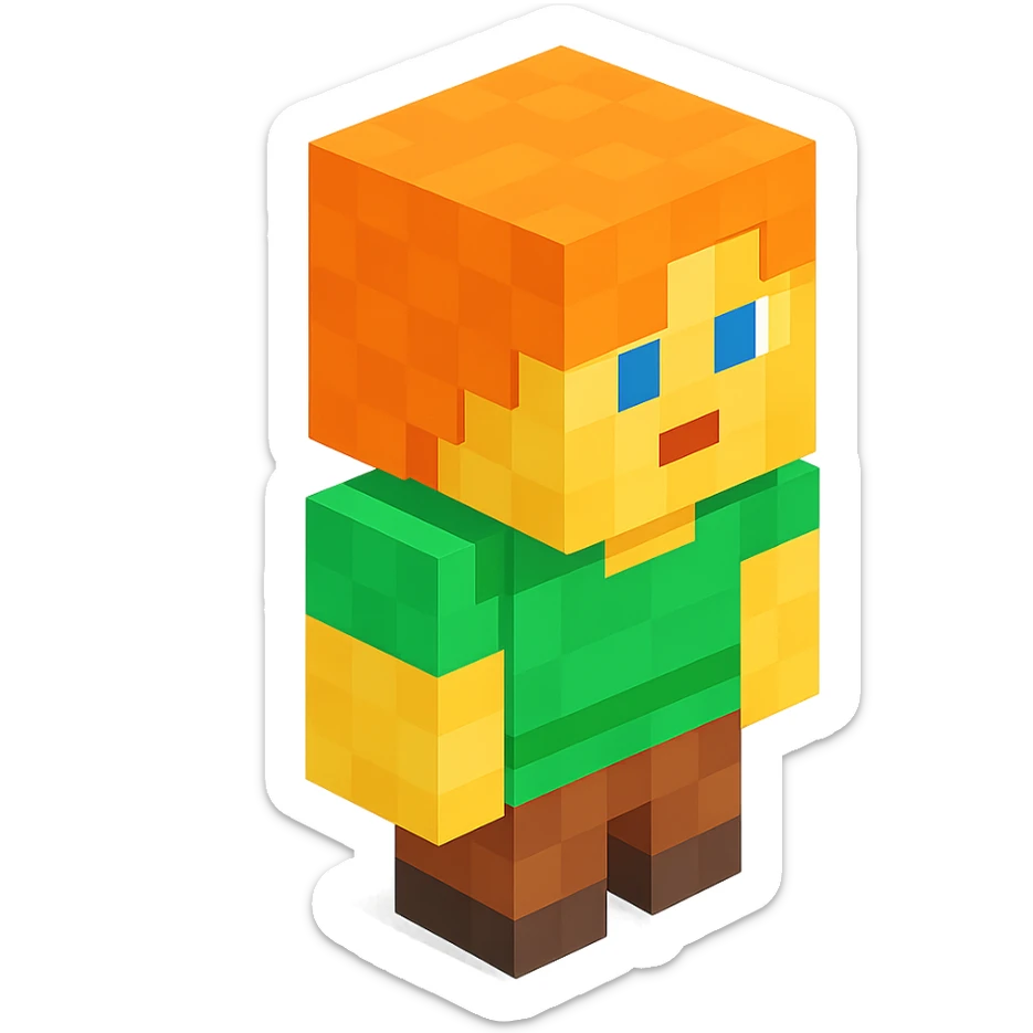 Alex from Minecraft, 3D blocky voxel style, orange hair, green shirt, brown pants, classic Minecraft look sticker