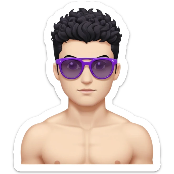 shirtless male athlete with white skin and moderately curly black hair on top with shaved sides, wearing purple sunglasses with black tinted lenses sticker