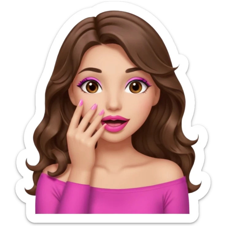 girl with long wavy brown hair, brown eyes, long lashes makeup, sexy pink lips, light to medium complexion, pink sexy top, sexy, gigling hand covering mouth sticker
