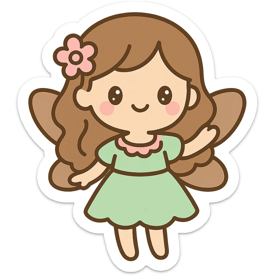 fairycore girl in pastel green and pink dress, brown fairy wings, light brown hair, delicate and ethereal sticker