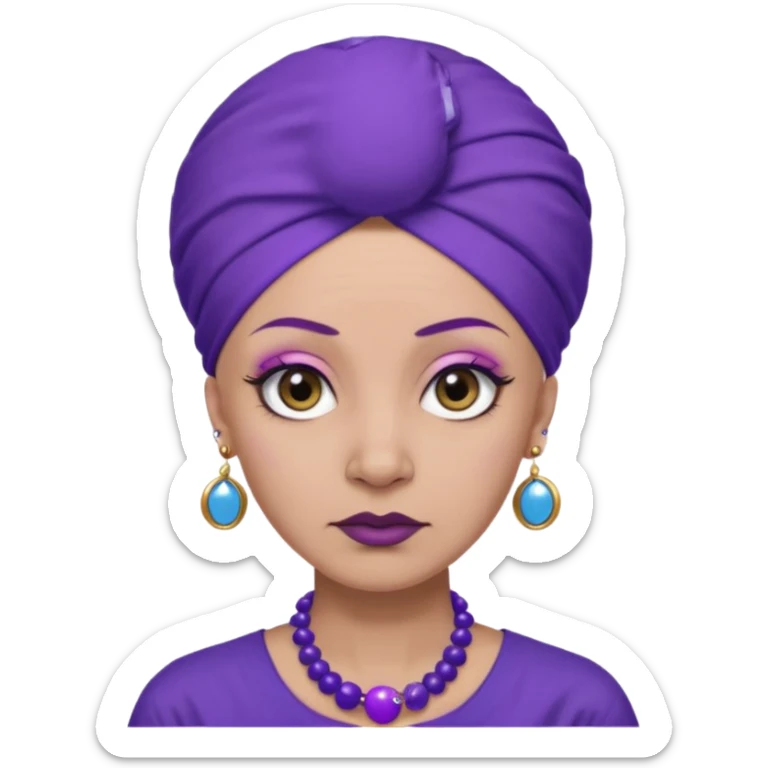 make her skin purple, she has no hair and her eyelashes are huge and she's old and and mean looking with a purple turban with big blue circle earrings and a purple big collared shirt sticker