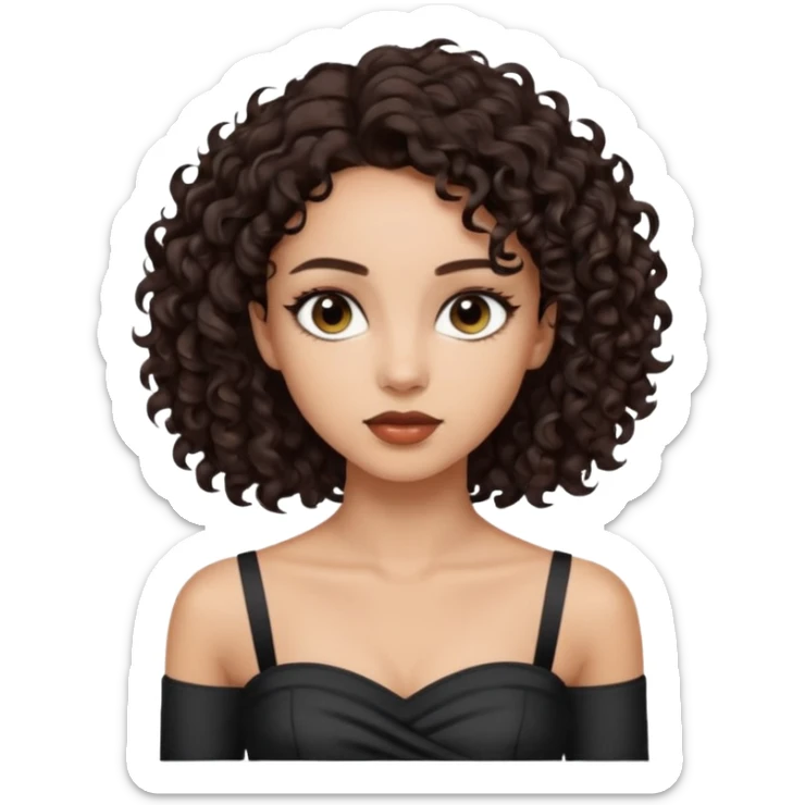 Woman with light skin and super dark brown-almost black colored irises eyes and waist length dark brown curly hair and white tube top with no straps sticker