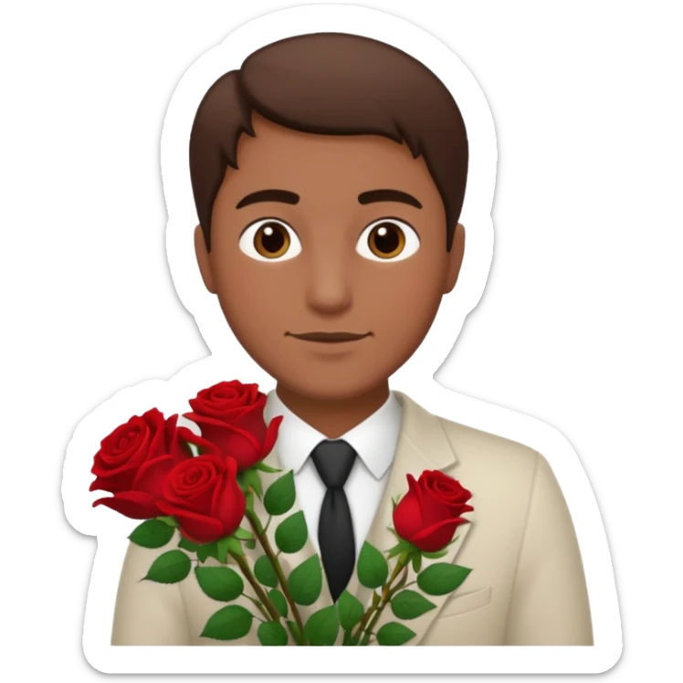 Un homme blanc brun pas en costard qui donne un bouquet de roses dans la main sticker