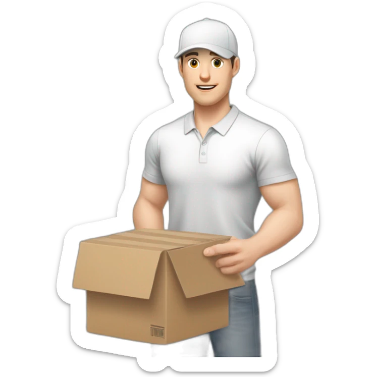 Pale skinned fit Man with dark brown hair in a white cap, gray jeans and gray polo T-shirt keeping a pasted box into his hands sticker