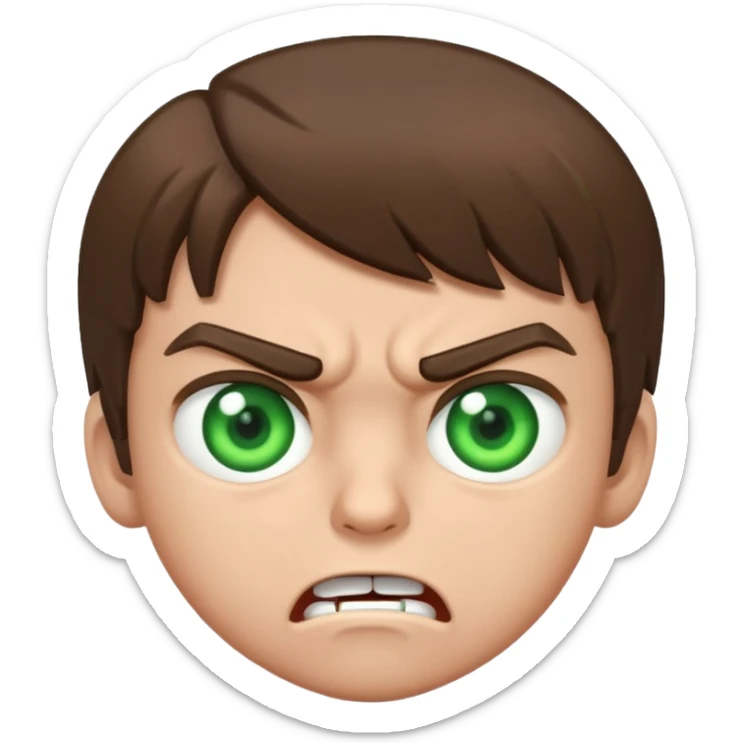 Boy 10 years old, with overgrown brown hair with green eyes, angry, shows fuck sticker