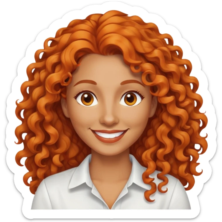 nữ 40 tuổi, da vàng, tóc dài xoăn màu cam, mặt tươi, áo trắng sticker