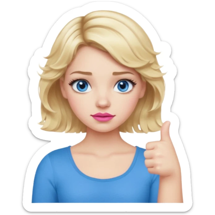 Girl Blonde short wavy hair,  blue eyes, cute blue top, long lashes, pink lips, thumbs down  sticker