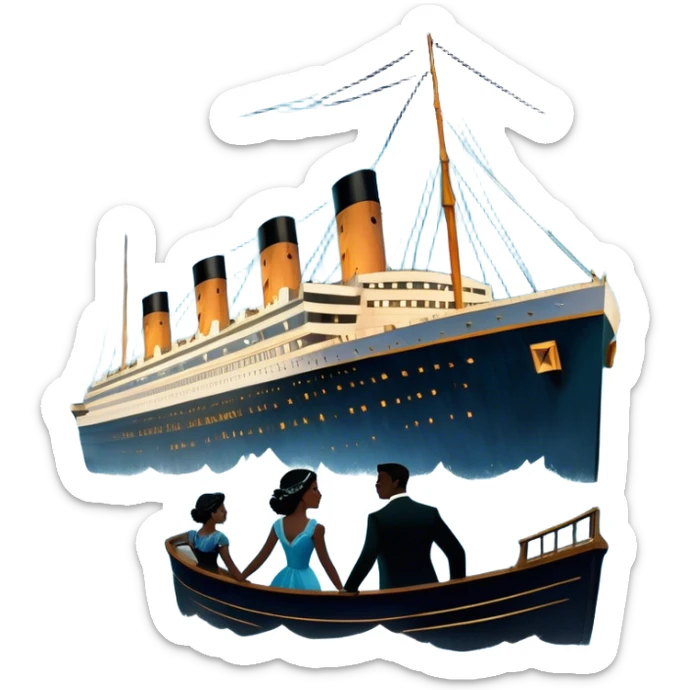 Icon for Titanic Movie: A vintage movie poster-style design featuring a dramatic scene of the ship, the iceberg, and a romantic silhouette of the main couple. Include elements like the ship’s bow, water splashes, and a starry sky in the background. Retro cinematic feel. Transparent background. sticker